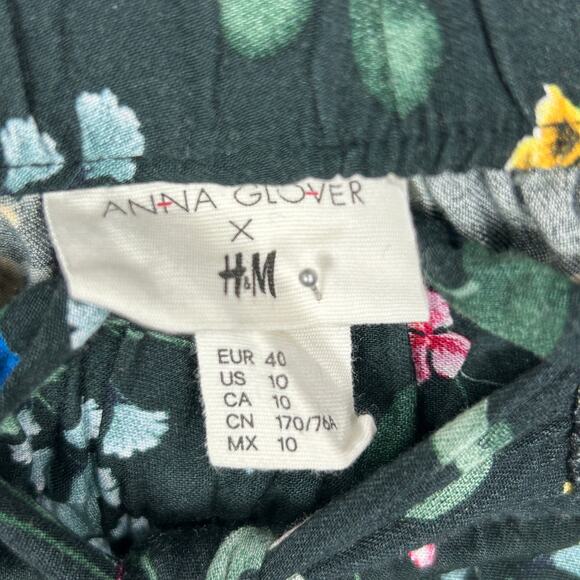 H&M Anna Glover Green Floral Wide Leg Pants Size 10 - Picture 3 of 4